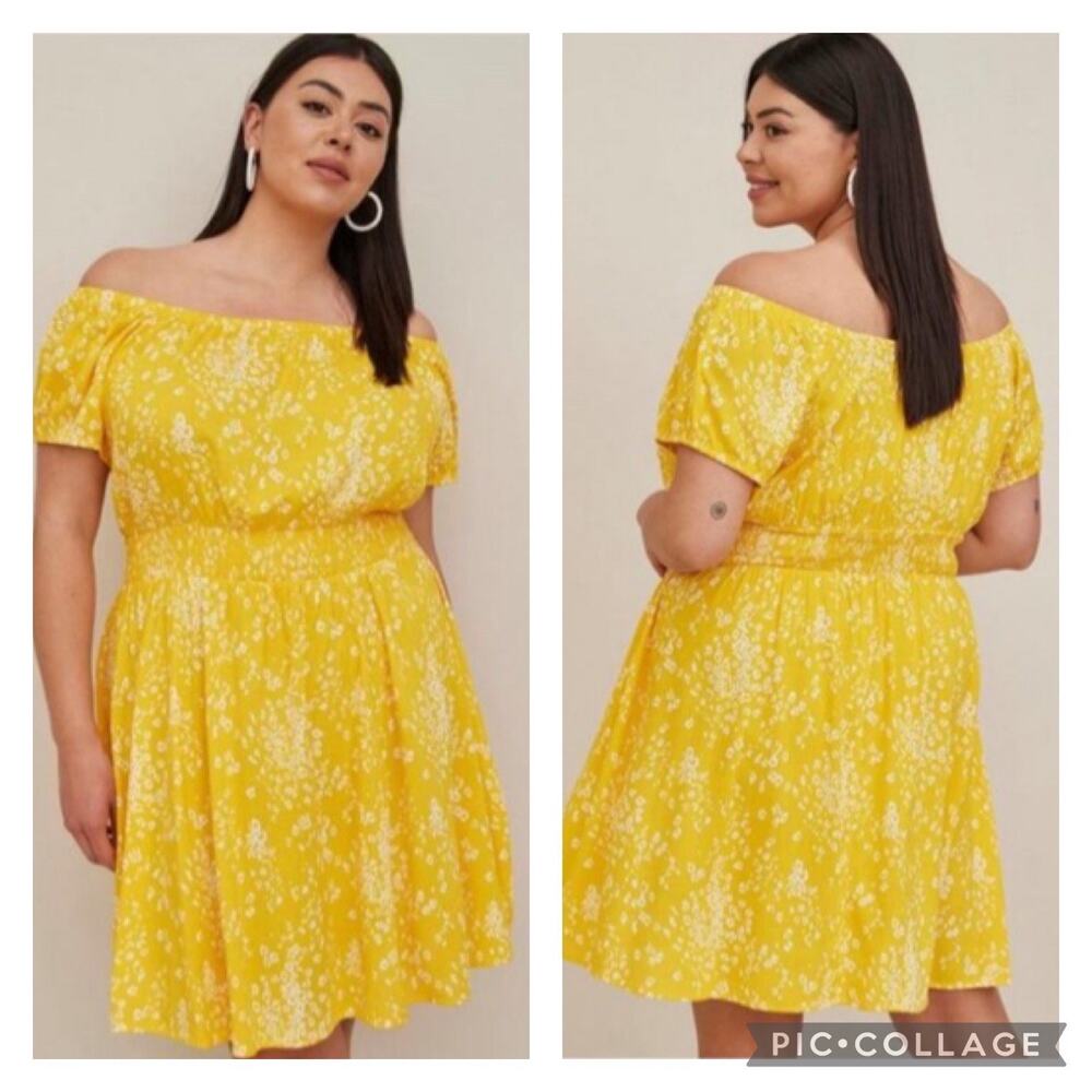 Torrid Lenny Smocked Off Shoulder Dress Yellow Floral Plus Size 3X